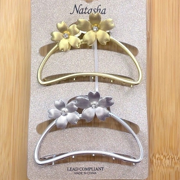 Brand New Natasha Set of 2 Metal Floral Rhinestone Gold & Silver Tone Hair Clips - Picture 1 of 15